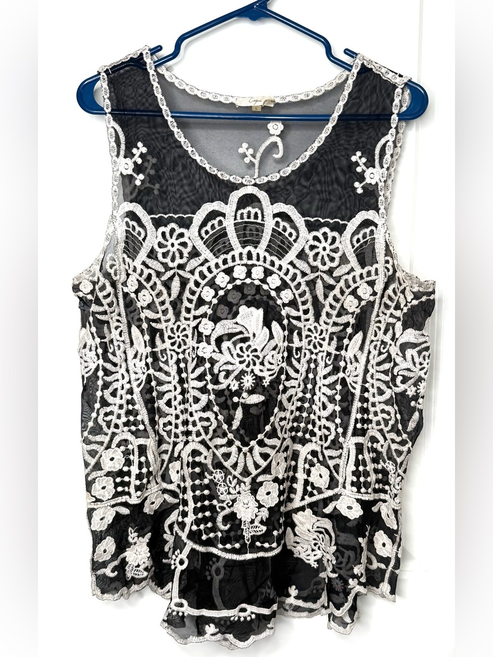 Capri Womens Large Black Ivory Embroidered Mesh Lace Tunic Top Boho Sheer